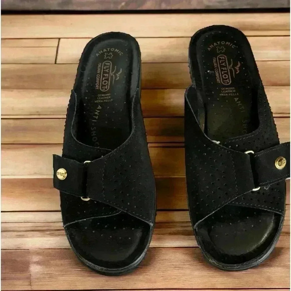 Fly Flot Women's NWOT Anti-Shock Black Leather Slip-On Sandals Euro 40 US 8.5. - Picture 1 of 6